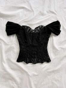 Soleia 女士黑色蕾絲抹胸束腰上衣，鏤空刺繡夜店風性感時尚派對裝，夏季款 - 黑色 - 查看 5