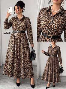 Elenzga Plus Size Women's Summer Elegant Casual Vintage Leopard Print Lapel Long Sleeve Elastic Waist Long Brown Casual Dress - Brown - View 3
