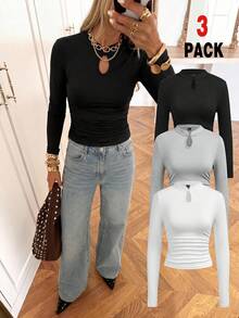 SHEIN EZwear 秋季新品青蛙鈕扣休閒極簡針織純色三件套圓領抓皺長袖女款T恤，秋季上衣，適合日常通勤、約會、派對、秋冬/夏季、聖誕節、新年、海灘、畢業典禮、時尚、休閒、Y2K、外出、畢業典禮等場合 - 彩色 - 查看 13