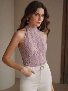 Anewsta Rundhals ärmelloses Tanktop, strukturierter Stoff, figurbetontes elegantes Damenoberteil für Party, Sommerurlaub - Violett - Übersicht 7