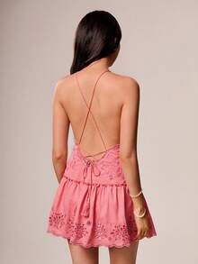 Willow Rêve Women's Pink Embroidered Spaghetti Strap Mini Ruffle Dress, Romantic Vacation Style, Valentine's Day, Boho Style - Pink - View 5
