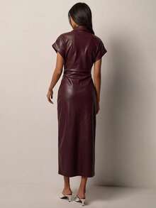COSMINA Burgundy PU Dress With Dropped-Shoulder Sleeves And A Button-Front Placket.Burgundy PU Dress With D Night Out Autumn Elegant - Burgundy - View 2