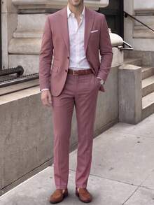 Calvornis 男士純色長袖翻領西裝外套與長褲商務套裝，正式，老錢風 - 藕粉色 - 查看 3