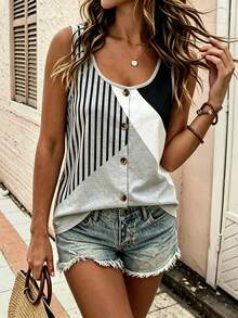 EMERY ROSE Plus Size Women's Minimalist Geometric Colorblock Striped Tank Top, European And American Style Casual Daily Wear, Button Decor Design Top, Spring/Summer Loose Sleeveless Top - Multicolor - View 5