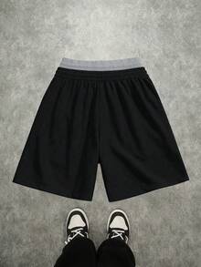 Manfinity Roghcode Men's Casual Letter Print Shorts, Fashionable Streetwear Style, Versatile, Holiday - Black - View 2