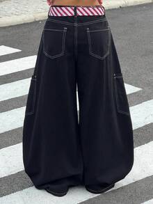 SHEIN 女童彩色條紋雙腰帶黑色牛仔寬鬆寬腿褲 - 黑色 - 查看 3