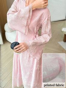 Yasmyna V-Neck Double-Sided Tie Multi-Layer Ruffle Cuff Foamed Print Pink Dress - Pink - View 3