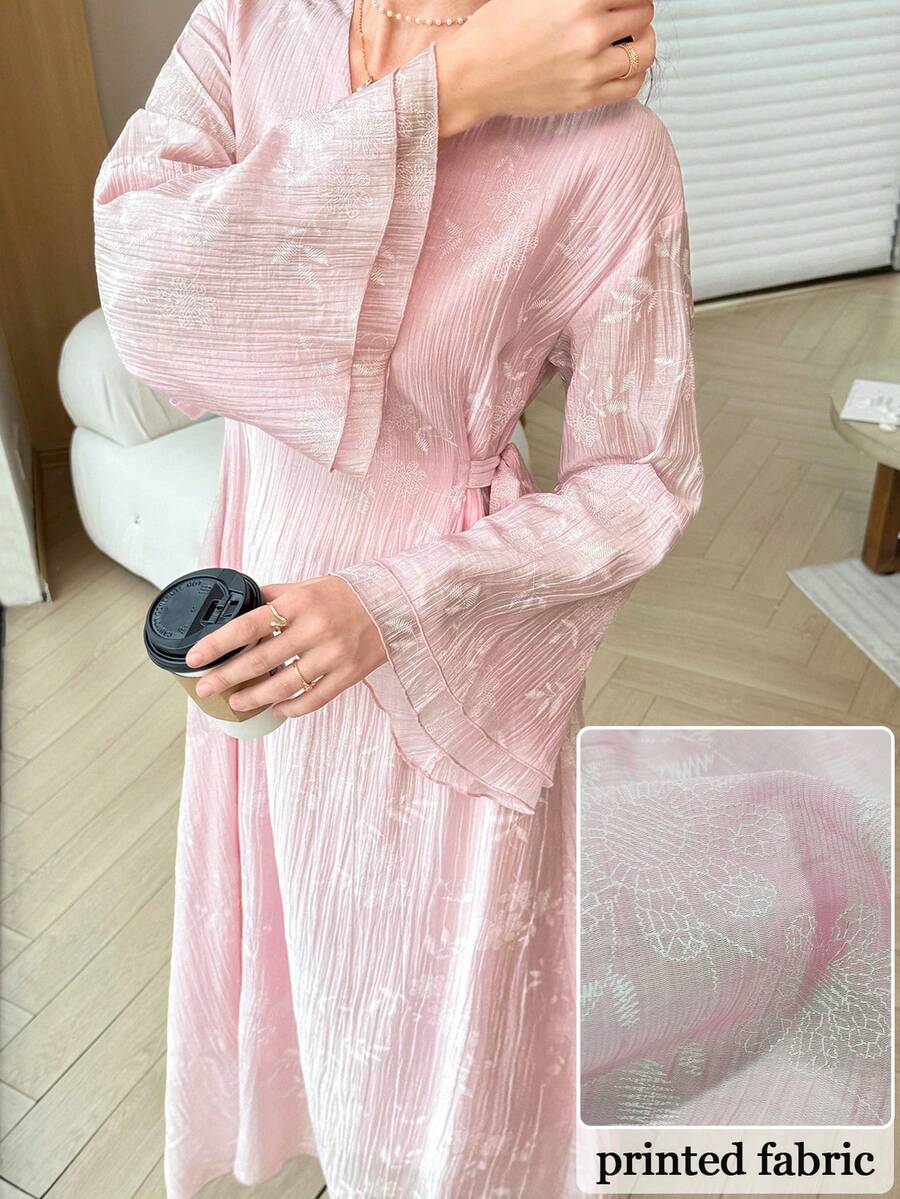 Yasmyna V-Neck Double-Sided Tie Multi-Layer Ruffle Cuff Foamed Print Pink Dress - Pink - View 1