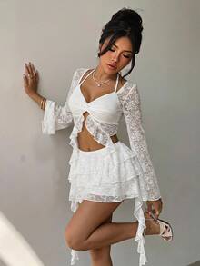 Soleia New Holiday Knit Lace Halter Neck Flare Sleeve Top + Low Waist Multi-Layer Ruffle Skirt 2-Piece Set, Suitable For Holiday, Date, Valentine's Day, Afternoon Tea, Daily Wear, Christmas - White - View 3