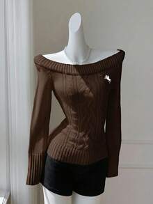 Comfortcana 女款刺繡扭繩圓領長袖針織毛衣上衣 - 棕色 - 查看 7