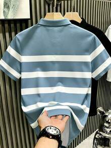 Manfinity Hypemode Men's Mature Style Striped Polo Shirt With Small Horse Logo, Unisex Short Sleeve, Summer Business Casual - Multicolor - View 2