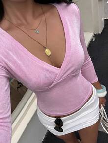 Aloruh 初秋深V領修身中袖青色女款T恤 - 淺粉色 - 查看 4
