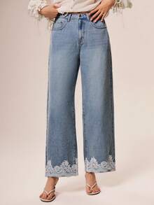 Willow Rêve Women's Casual Versatile Everyday Travel Jeans With Pocket And Lace Patchwork - Baby Blue - View 6