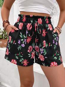 Breezaya Women's Elegant Casual Floral Ruffle Waist Shorts - Black - View 1