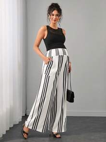 SHEIN European And American Style Black And White Striped Print Repeated Pocket Elastic Waist Loose Straight Leg Maternity Pants Suitable For Daily Wear - Multicolor - View 5