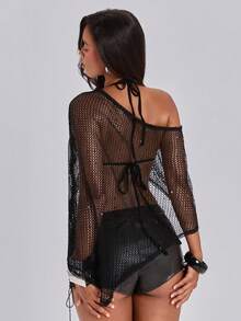 ACID BLVD Spring/Summer 2K Hot Girl Party Sheer Mesh Hollow Out Cape Cover-Up Sun Protection Top And Rivet Bikini Tank Top 2pcs Set - Black - View 7