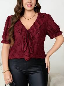 SHEIN Clasi Blusa elegante con volantes y cuello en V de talla grande para vacaciones y citas - Burdeos - Ver 6