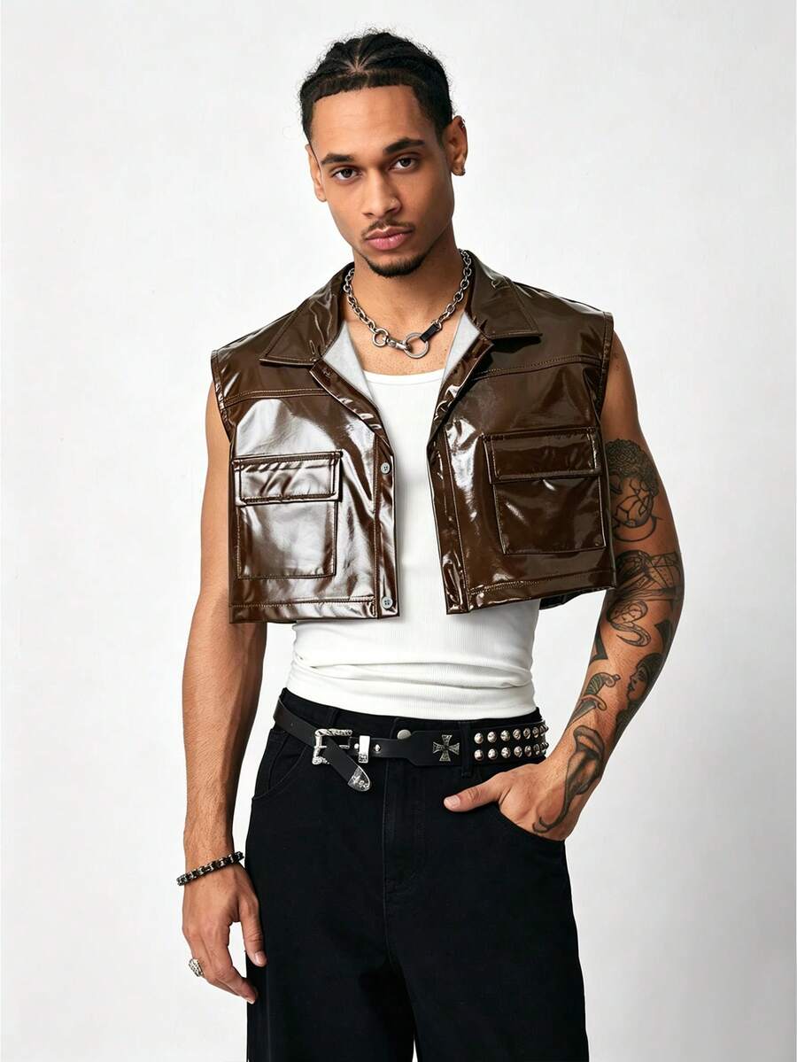 ROMWE MEN Street Life Men's Street Fashion Pocket Button Cropped Vest Jacket - Brown - View 1