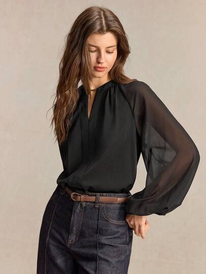 BizChic Blusa con cuello redondo, decoración de metal, mangas de linterna raglán, estilo francés elegante sexy elegante estilizado versátil para oficina, trabajo, negocios, lugar de trabajo, social, vacaciones, estilo formal, Halloween, vacaciones, urbano, diario, casual, salida, cita, fiesta de cumpleaños, reunión, vacaciones, estilo de campo, minimalista, lujo, iglesia, ocasión especial, invitada de boda