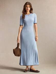 BizChic Women's Short Sleeve Long Knit Dress In Light Blue, French Elegant Party Office Work Brunch Style For Fall, Halloween, Back To School, Church - Blue - View 2