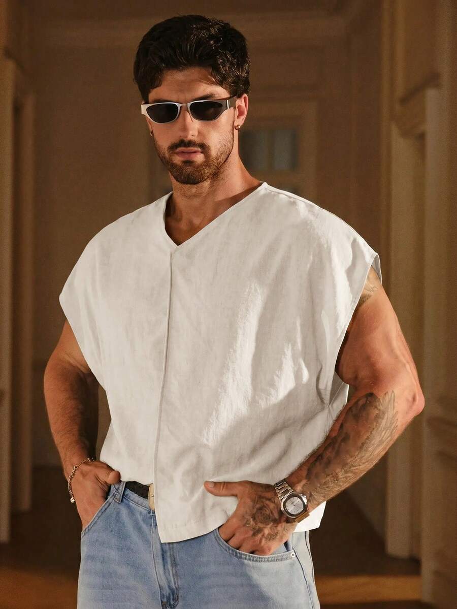 SIGLOCORE Men's Solid Color V-Neck Casual Versatile Daily Wear Top - White - View 1