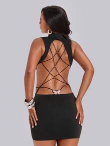 ROMWE Spring/Summer Y2K Hot Girl Casual Party Back Cross Lace-Up Open Back Butterfly Metal Buckle Decor Bodycon Mini Dress - Black - View 1
