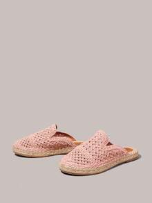 Styleloop 波希米亞風鏤空鉤編網格草編穆勒鞋 女款夏季海灘度假平底無跟一腳蹬透氣休閒涼鞋 - 粉色 - 查看 3