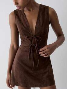 ATUI Studio Women's Dark Brown Deep V Neck Knot Front Midi Dress – Stretchy Fitted Silhouette, Elegant Essential For Fall, Party & Work - Brown - View 5