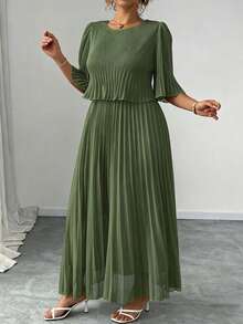 Elenzga Vestido de Gasa Plisado Elegante de unicolor Talla Grande, Primavera/Verano - Verde militar - Ver 5