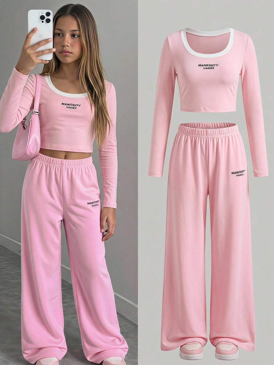 SHEIN 青少年女孩冬季穿搭上衣 2件/套 圓領甜美寬鬆輕便休閒修身短袖與長袖T恤 時髦畢業季六年級粉色 - 粉色 - 查看 1
