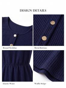 ELLERISSA Vestido mini de punto gofrado azul marino de talla grande con cuello redondo, sin mangas y botones delanteros - Azul Marino - Ver 6