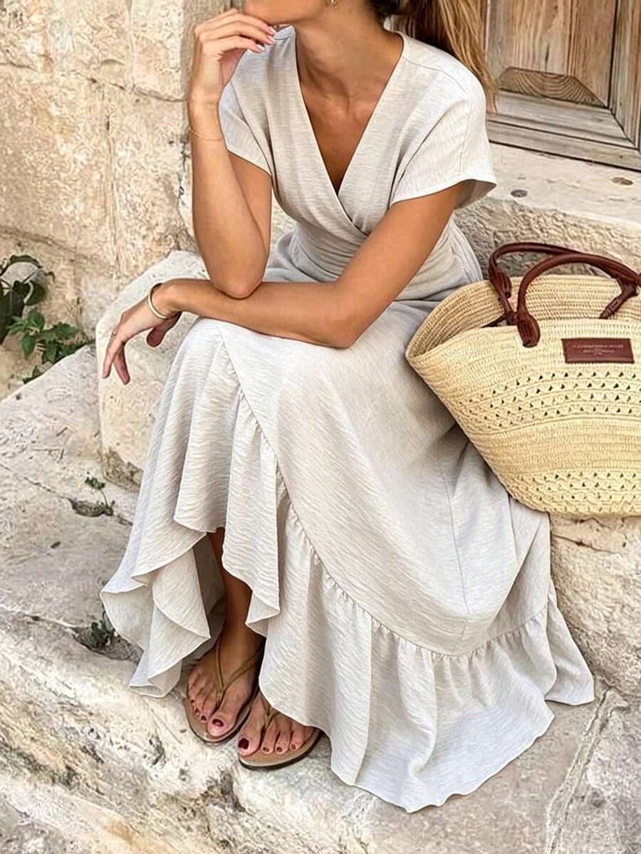 Weeklong Spring/Summer Plus Size Women's Pleated Wrap Ruffle Cinched Waist-Up Elegant Dress, Fashionable Vacation Outfit, Daily Outing Travel Date Brunch Beige - Multicolor - View 1