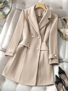GlowEve CURVE Fashion Casual Double-Breasted Khaki Sleeve Decor Button Plus Size Women's Overcoat - Khaki - View 1