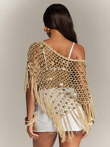 Denimoi Vacation Beach Club Sequin Decorated Tassel Hem Cover-Up, Party Going Out Beige Summer Sexy - Khaki - View 5