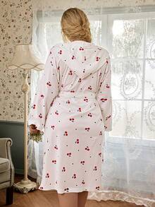 CottageSlumber Cherry Print Plus Size Robe, Casual Hooded Long Pajamas With Pockets - Apricot - View 3
