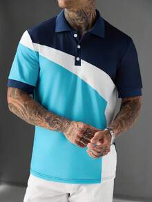 Manfinity Mode Men's Diagonal Colorblock Patchwork Polo Shirt, Summer Collared Polo Shirt - Multicolor - View 3