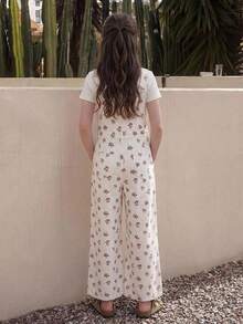 DAZY Ditsy Floral Sleeveless Straight Leg Pants For Tween Girls Denim Overalls And Jumpsuits Fall - White - View 3