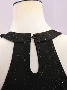 1 pezzo Abito estivo nero con glitter e scollo all'americana per ragazze adolescenti, stile elegante francese, vita arricciata laterale, senza maniche, gonna corta a trapezio, tessuto elastico, abito versatile per feste serali, appuntamenti, uscite quotidiane - nero - Visualizzare 5
