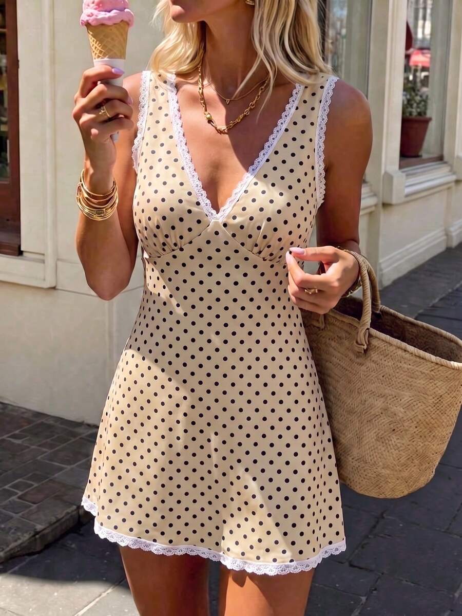 SHEIN PariChic French Vintage Cute Black And Beige Polka Dot Cami Mini ...