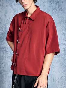 ROMWE MEN Street Life Men's Corn Metal Button Chinese Style Structure Shirt - Red - View 8