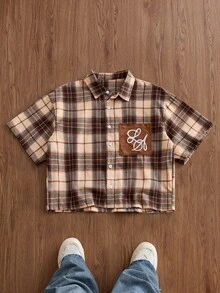 SWAVVY 春夏男士拼接燈芯絨短袖襯衫 - 棕色 - 查看 2