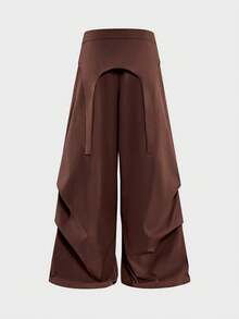 AXEPEAK Men's Solid Color Buckle Design Pleated Wide Leg Loose Fit Long Pants - Brown - View 5