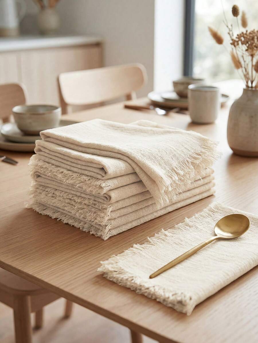 10/30pcs Solid Color Tasseled Linen Napkins 12.6"X12.6" For Wedding, Party, Birthday, Daily Use, Soft Square Shabby Chic Cloth, Decorative, Machine Washable & Reusable - Khaki - View 1