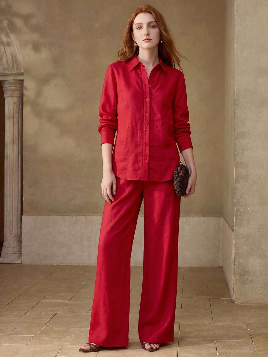 MOTF PREMIUM LINEN BUTTON UP SHIRT - Red - View 1