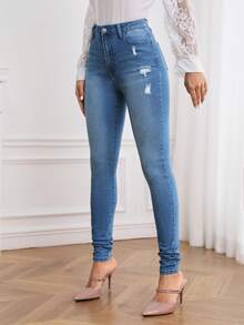SHEIN Tall High Waist Ripped Skinny Jeans, Tall Women - Blue - View 3
