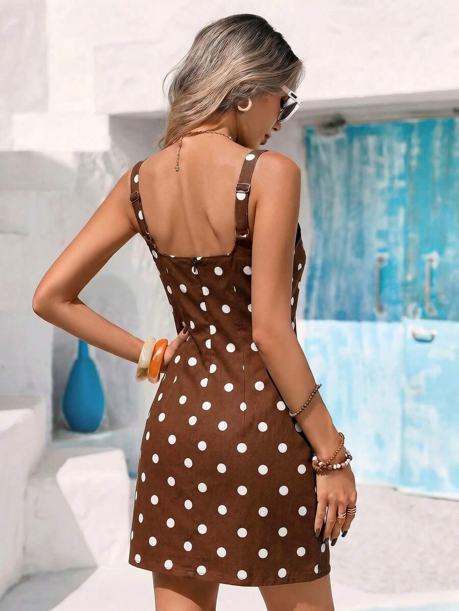 Vivid Eden Gaun Denim Kasual Tanpa Lengan Motif Polkadot untuk Wanita, Cocok untuk Liburan - MultiWarna - View 1