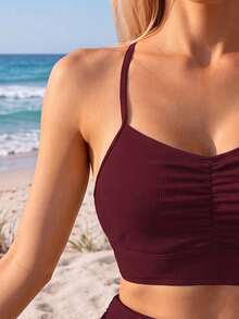 Swim Basics 女款簡約純色交叉背細肩帶比基尼泳衣套裝，適合夏季 - 紅色 - 查看 4
