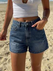 DAZY Distressed Dark Wash Mini Straight Leg Denim Shorts, Spring/Summer Jorts - Dark Wash - View 8