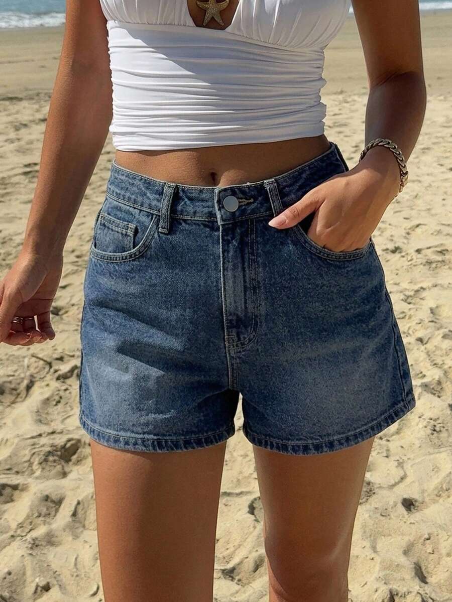 DAZY Distressed Dark Wash Mini Straight Leg Denim Shorts, Spring/Summer Jorts - Dark Wash - View 1