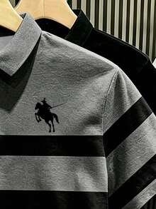 Manfinity Hypemode 男士成熟風條紋 Polo 衫，小馬標誌，中性短袖，夏季商務休閒 - 灰色 - 查看 3